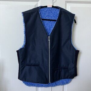 Vintage Blue Faux Fur Lined Vest Mens L Navy Blue Full Zip Workwear Made Canada